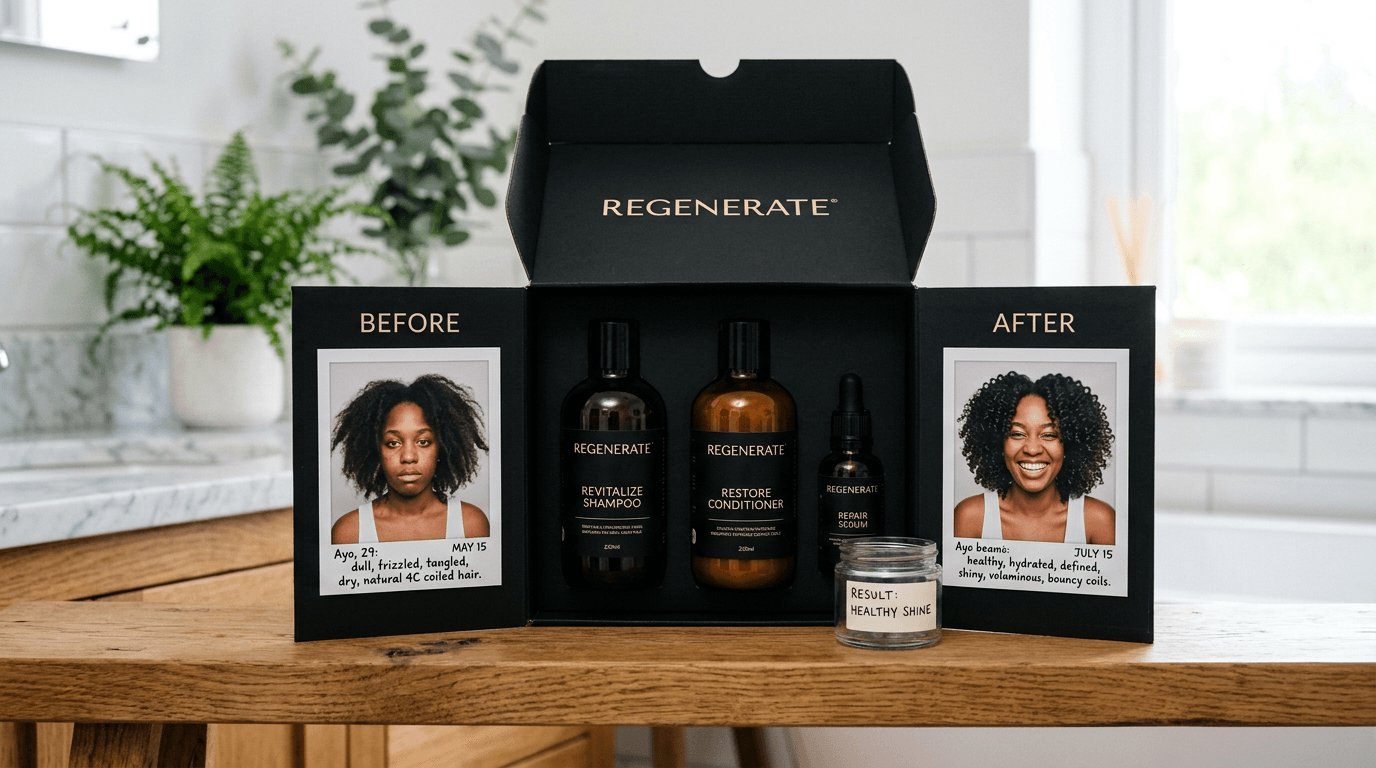 Before and after photos of hair with Regenerate shampoo, conditioner, and repair serum