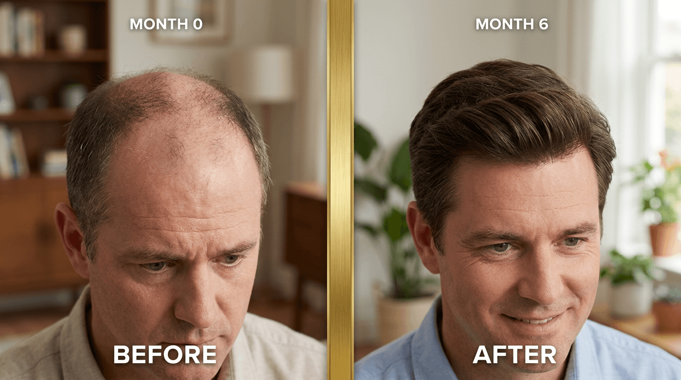Man before and after six months showing significant hair regrowth