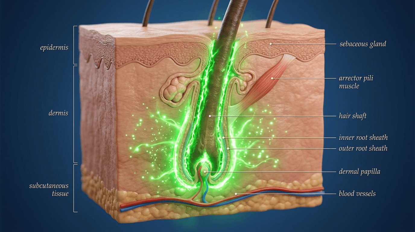 Cross-section of skin with labeled hair follicle anatomy and surrounding tissues