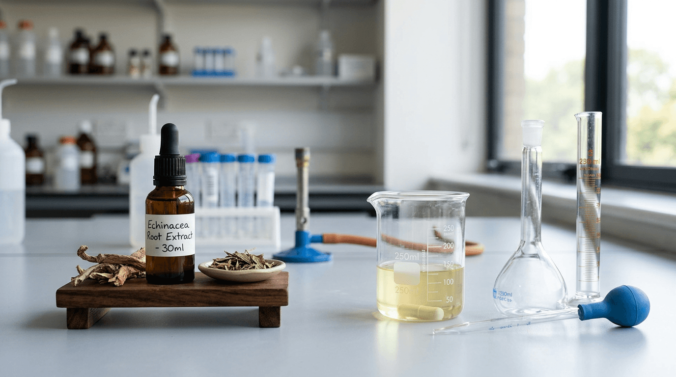 Bottle labeled Echinacea Root Extract - 30ml with dried root and leaves on wooden stand, lab glassware with liquid