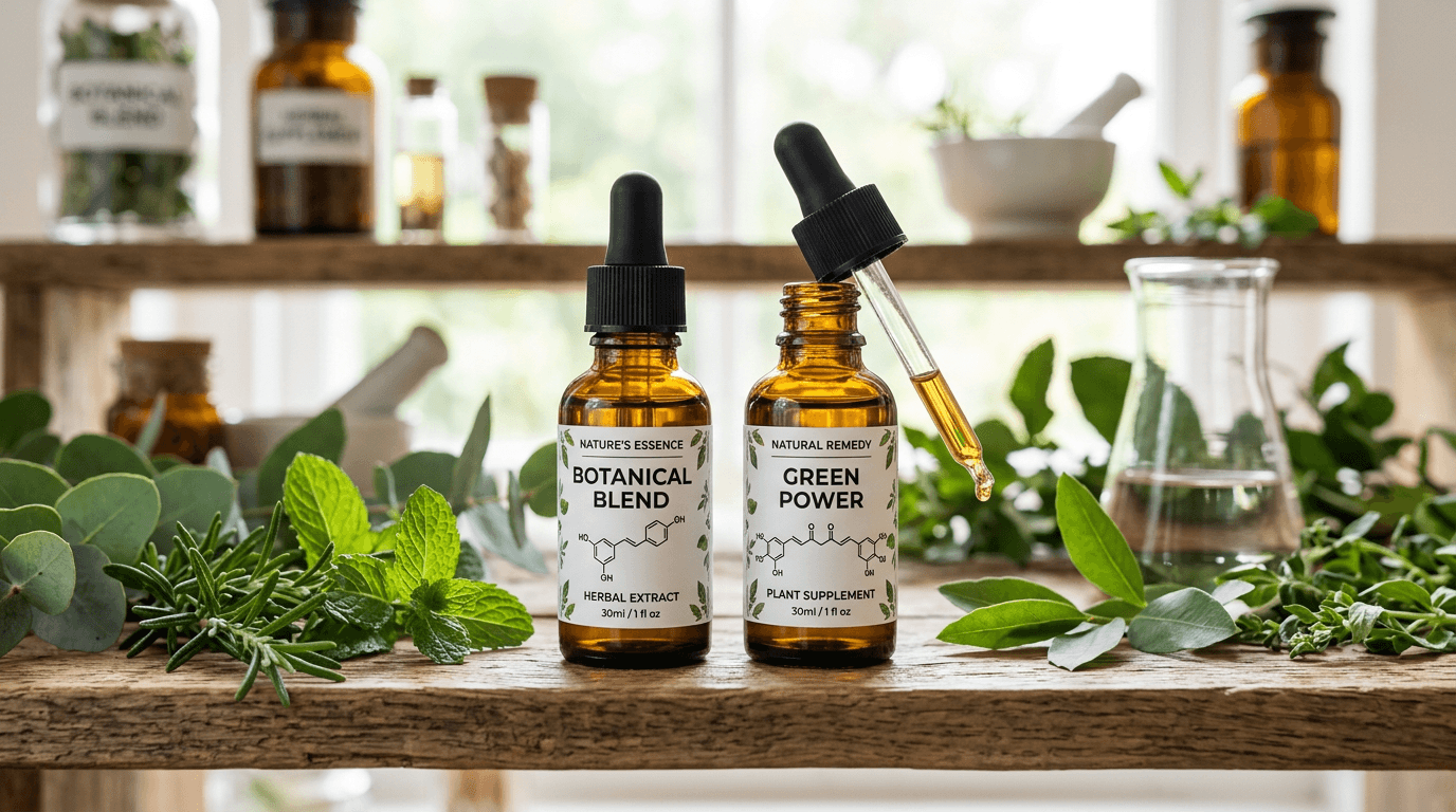 Two amber dropper bottles labeled Botanical Blend herbal extract and Green Power plant supplement with fresh green herbs around