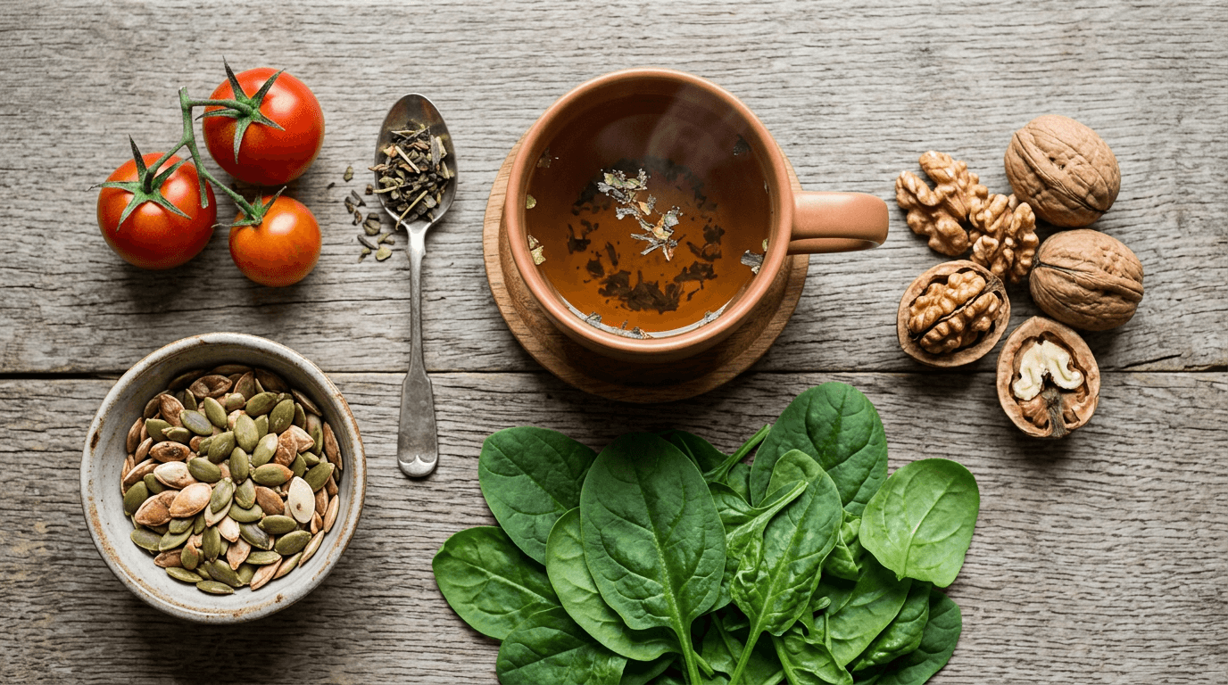 Tomatoes, pumpkin seeds, spinach leaves, walnuts, and a cup of herbal tea
