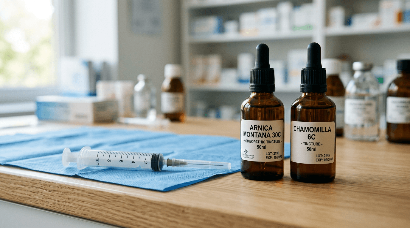 Two amber glass bottles labeled Arnica Montana 30C and Chamomilla 6C tinctures next to a 10ml syringe on a blue cloth